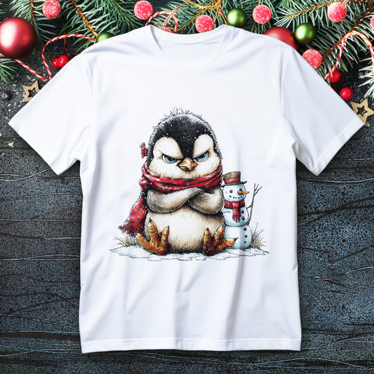 Grumpy baby penguin in red scarf with tiny snowman on a Christmas T-shirt