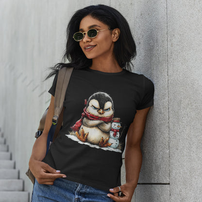 Grumpy Penguin Christmas T-Shirt - Winter Penguin with Snowman Buddy