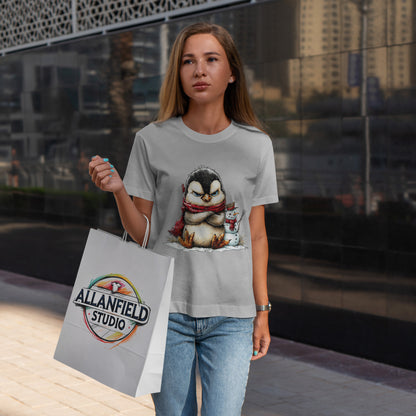 Grumpy Penguin Christmas T-Shirt - Winter Penguin with Snowman Buddy