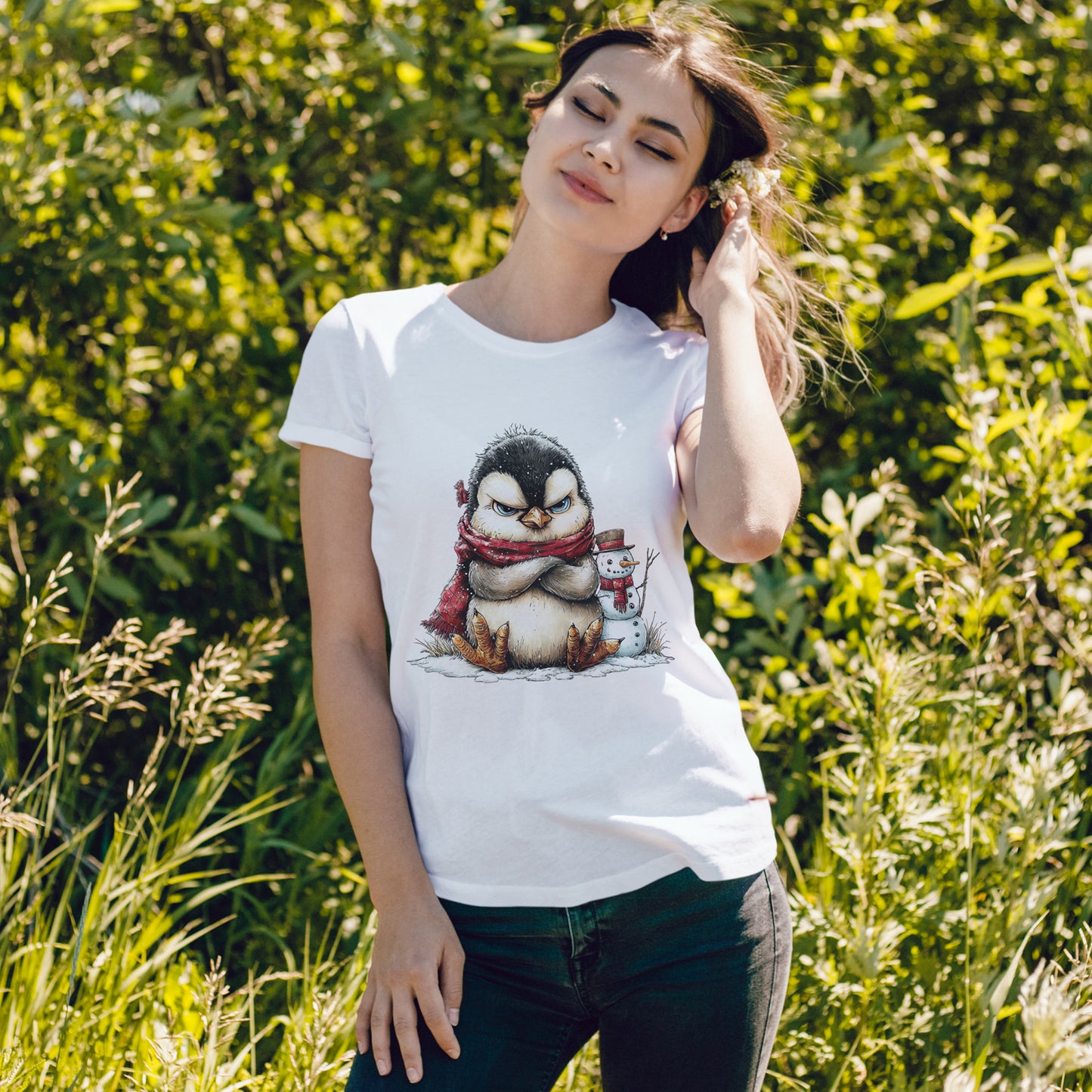 Grumpy Penguin Christmas T-Shirt - Winter Penguin with Snowman Buddy