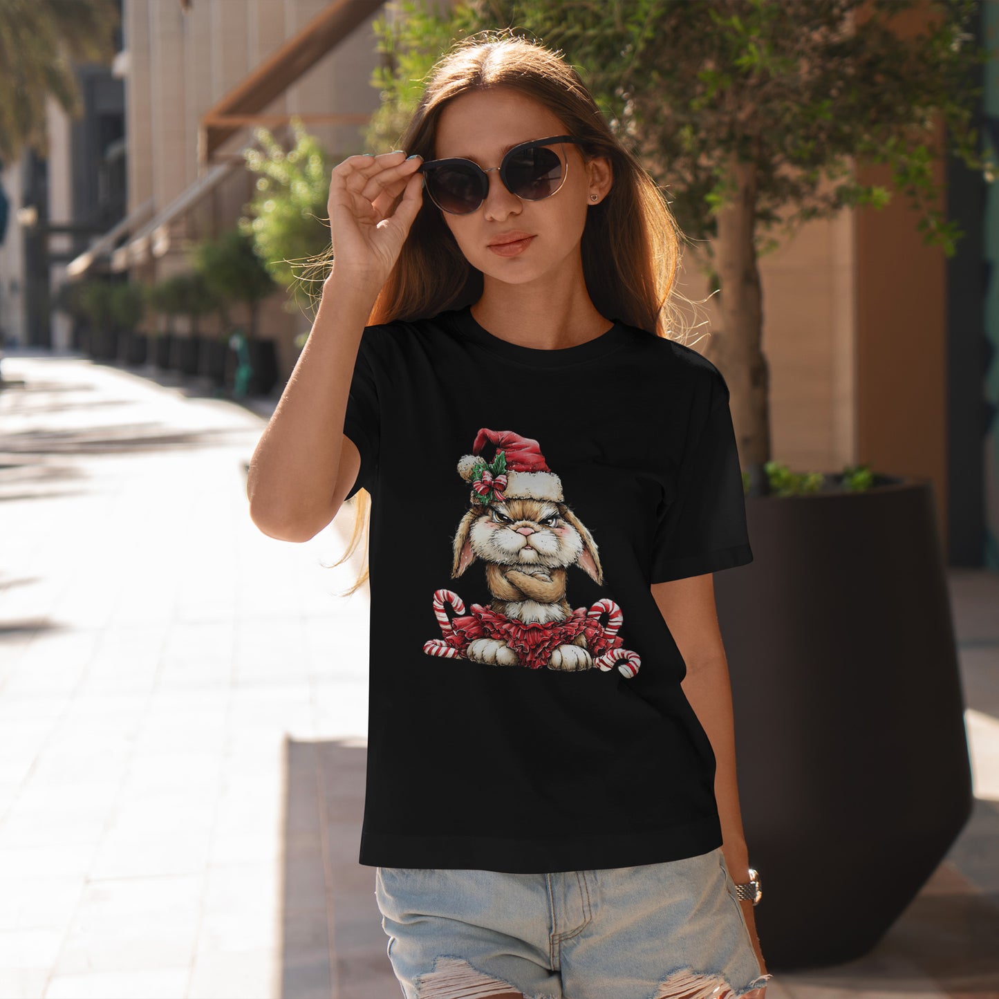 Grumpy Christmas Bunny T-Shirt - Santa Hat Rabbit in Red Tutu Tee