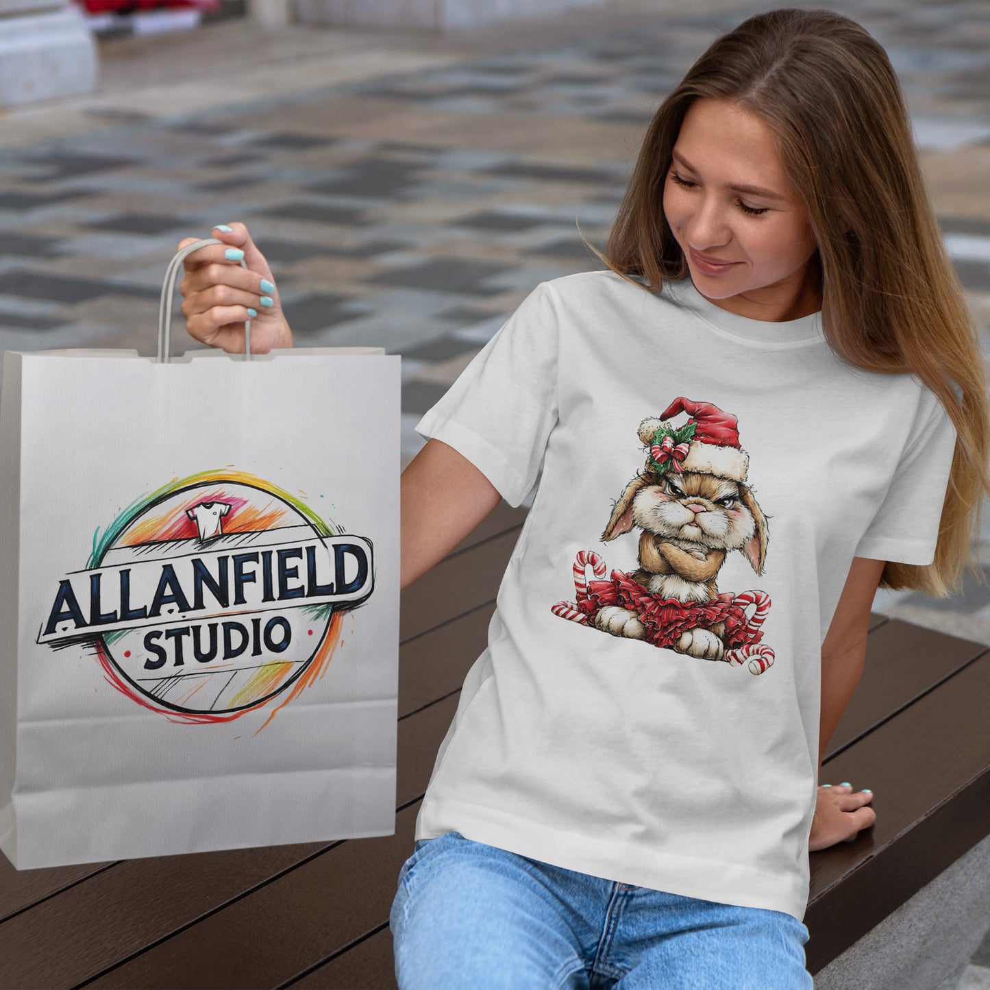 Grumpy Christmas Bunny T-Shirt - Santa Hat Rabbit in Red Tutu Tee