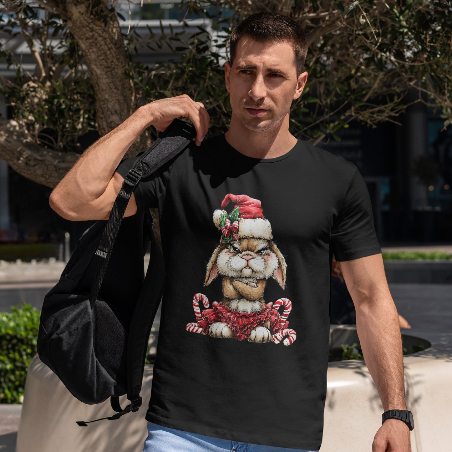 Grumpy Christmas Bunny T-Shirt - Santa Hat Rabbit in Red Tutu Tee