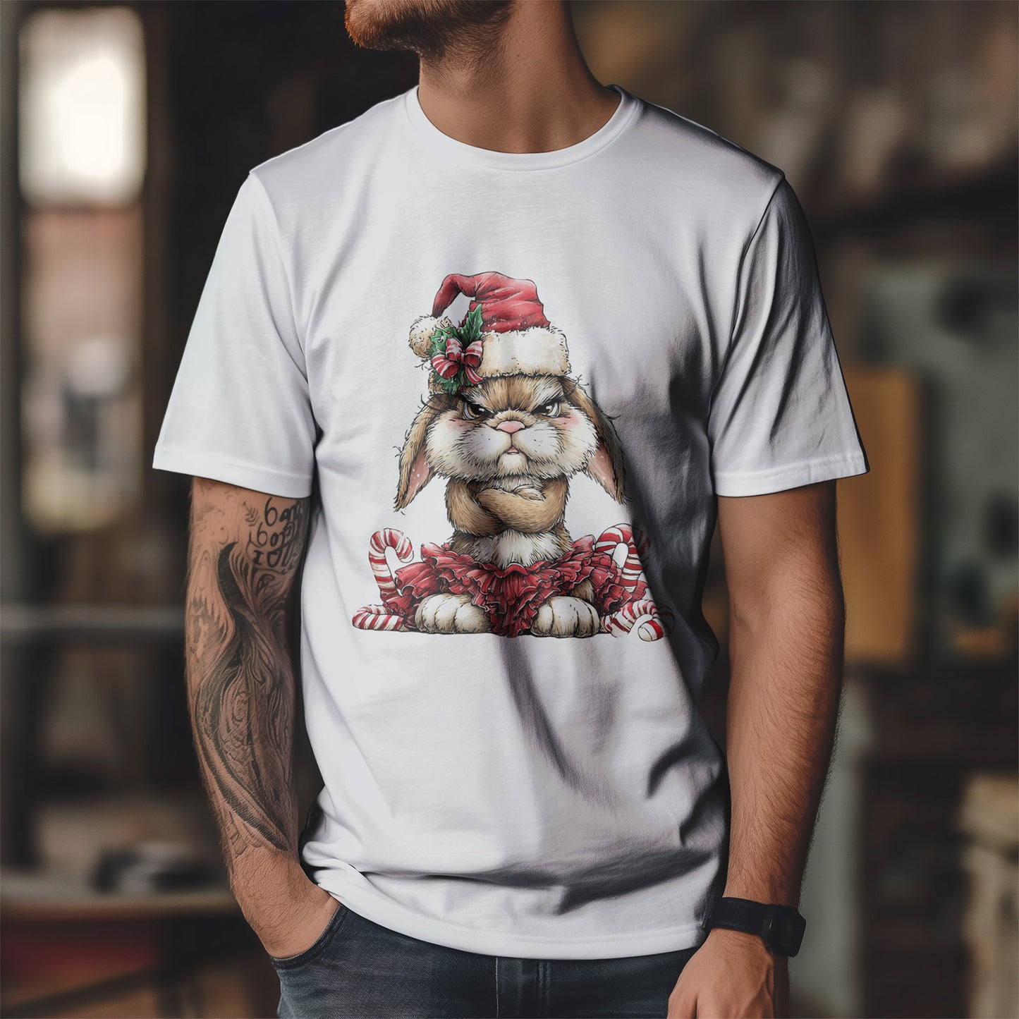 Grumpy Christmas Bunny T-Shirt - Santa Hat Rabbit in Red Tutu Tee
