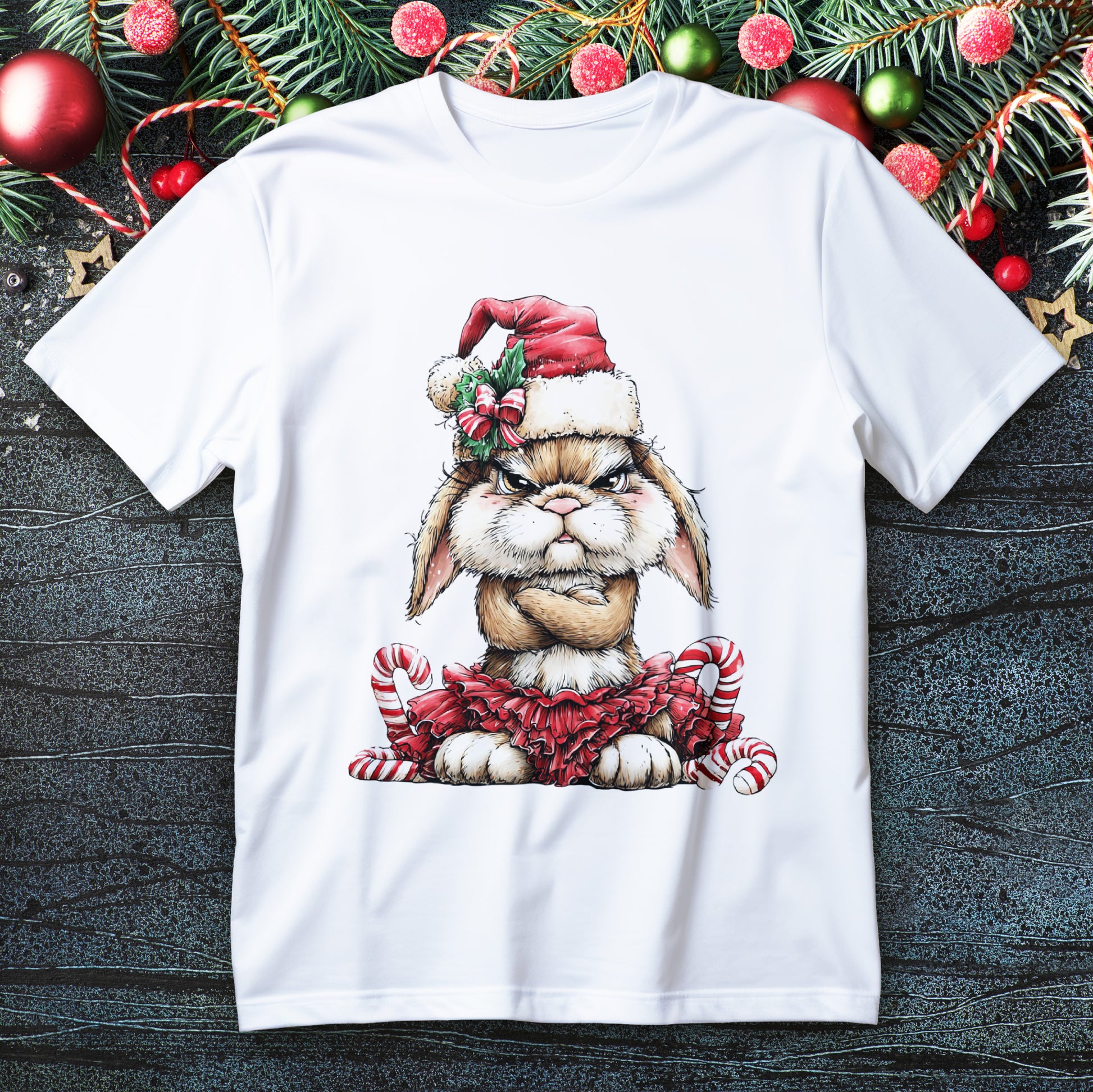 Grumpy bunny in Santa hat and red tutu with candy canes on a Christmas T-shirt
