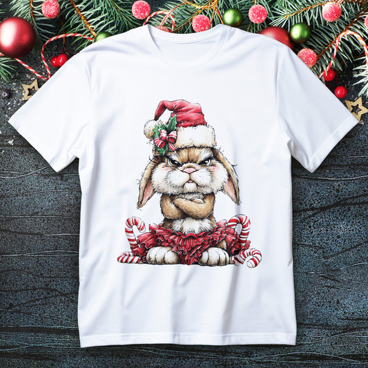 Grumpy bunny in Santa hat and red tutu with candy canes on a Christmas T-shirt