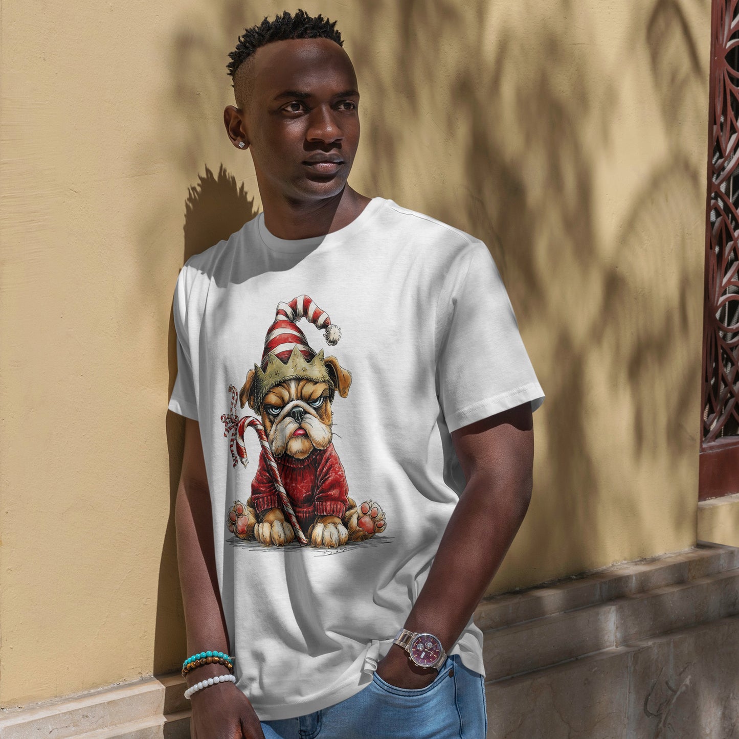 Grumpy Christmas Bulldog T-Shirt - Santa Hat Dog in Red Sweater