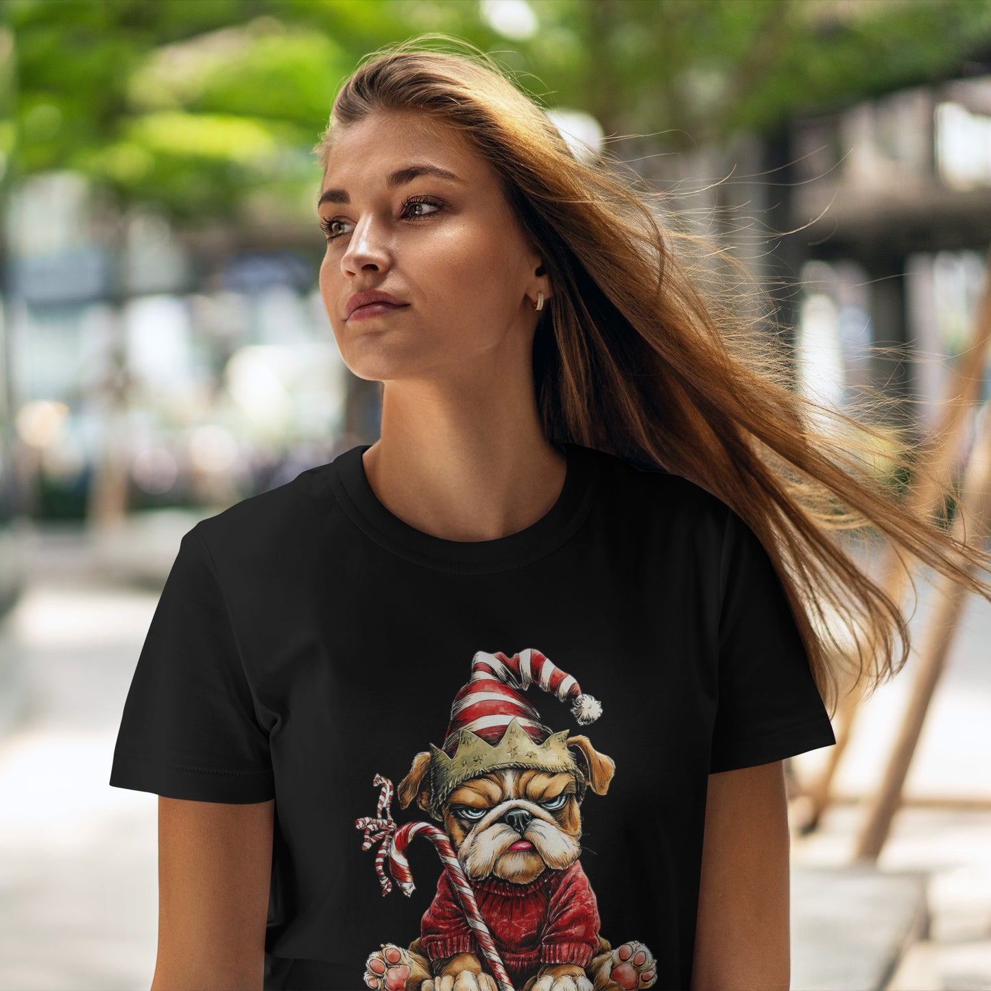 Grumpy Christmas Bulldog T-Shirt - Santa Hat Dog in Red Sweater