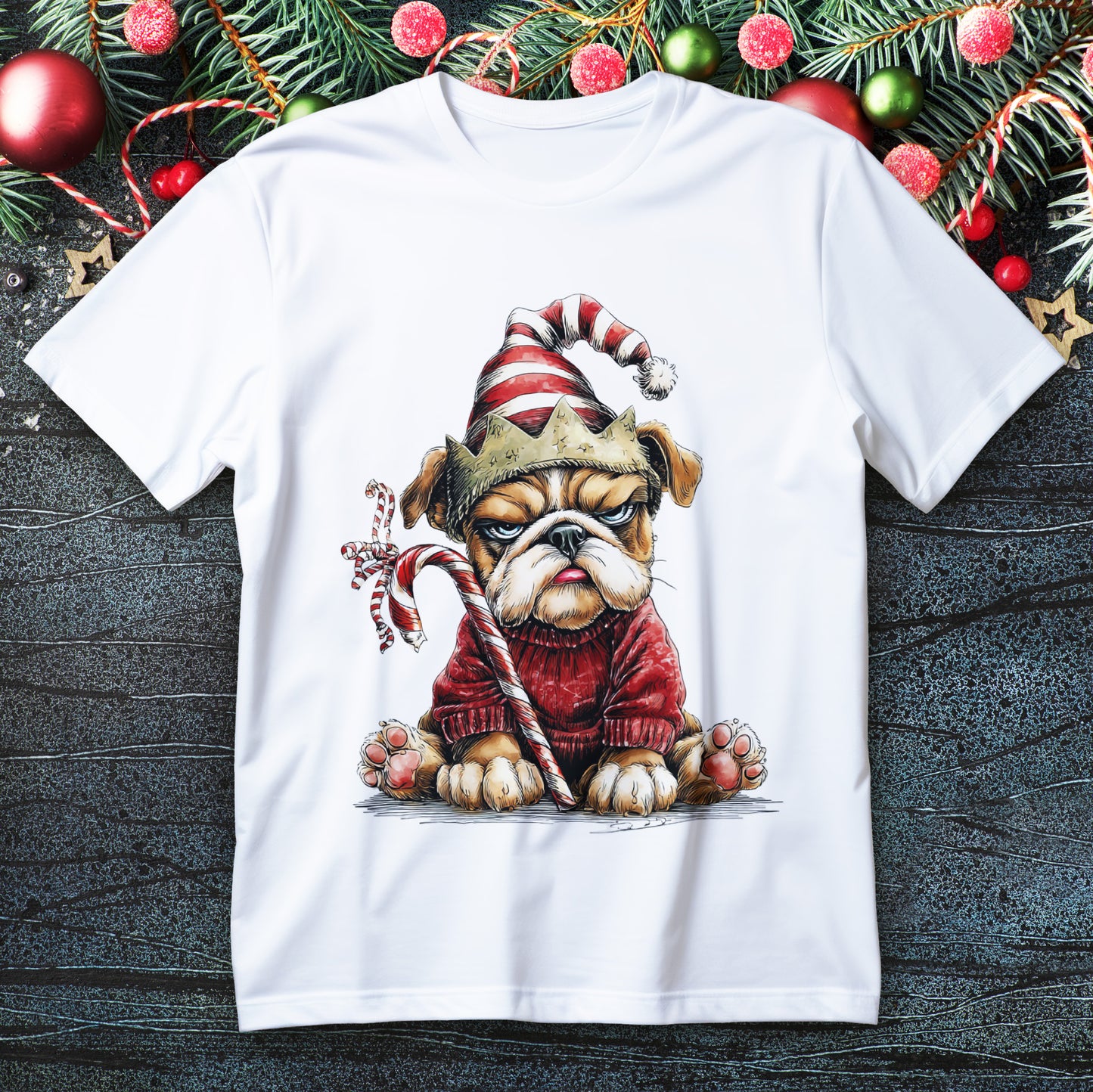 Grumpy bulldog in red sweater and Santa hat holding a candy cane on a Christmas T-shirt