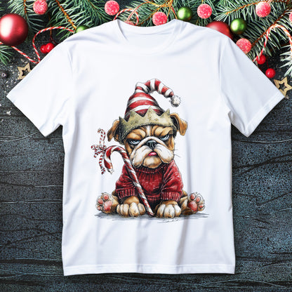 Grumpy bulldog in red sweater and Santa hat holding a candy cane on a Christmas T-shirt