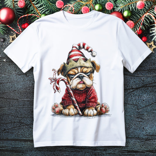 Grumpy bulldog in red sweater and Santa hat holding a candy cane on a Christmas T-shirt