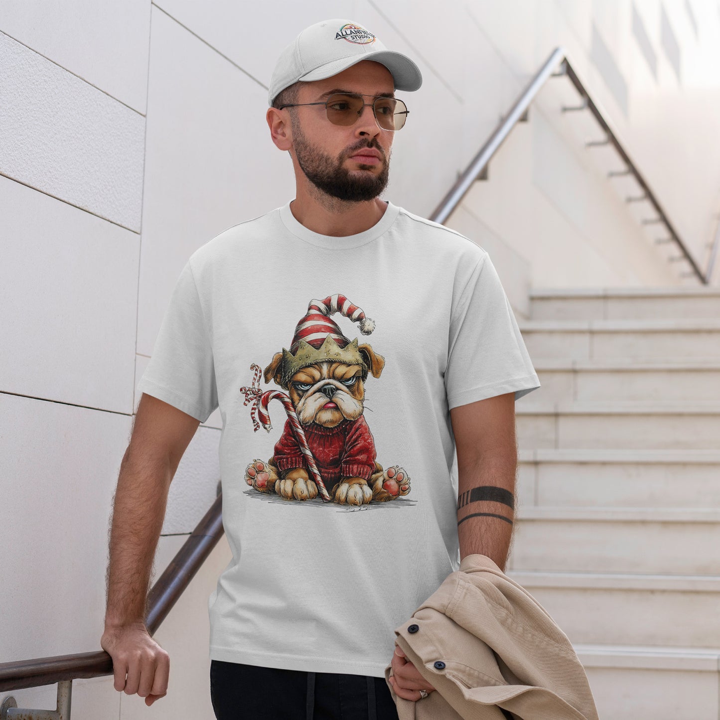 Grumpy Christmas Bulldog T-Shirt - Santa Hat Dog in Red Sweater