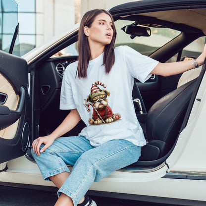 Grumpy Christmas Bulldog T-Shirt - Santa Hat Dog in Red Sweater