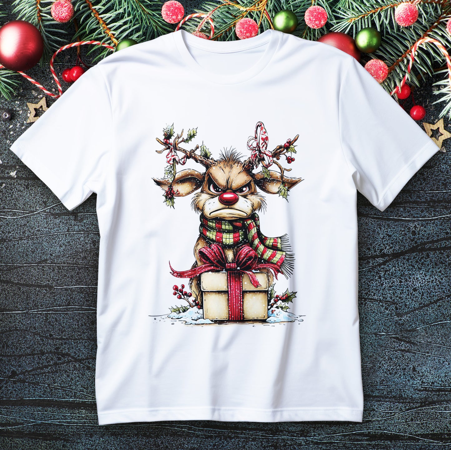 Grumpy red-nosed reindeer on a gift box with plaid scarf, holly and candy canes, snowy highlights