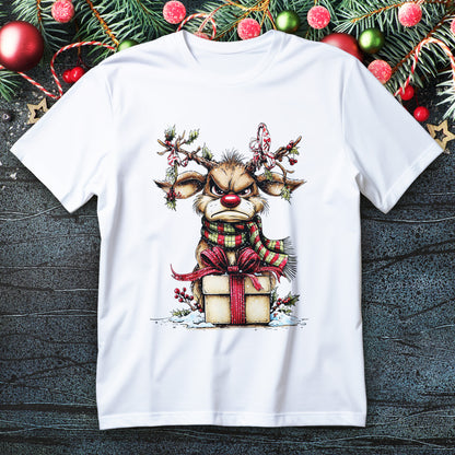 Grumpy red-nosed reindeer on a gift box with plaid scarf, holly and candy canes, snowy highlights