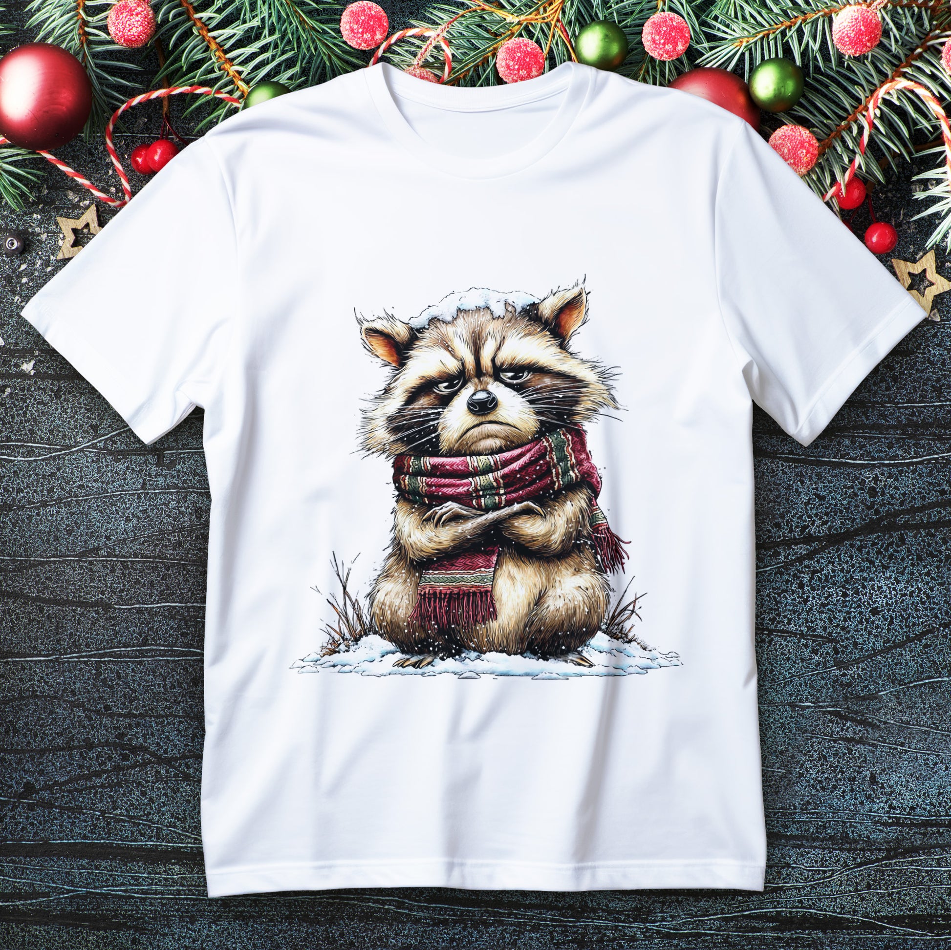 Grumpy raccoon in patterned scarf with snow on head, winter T-shirt design