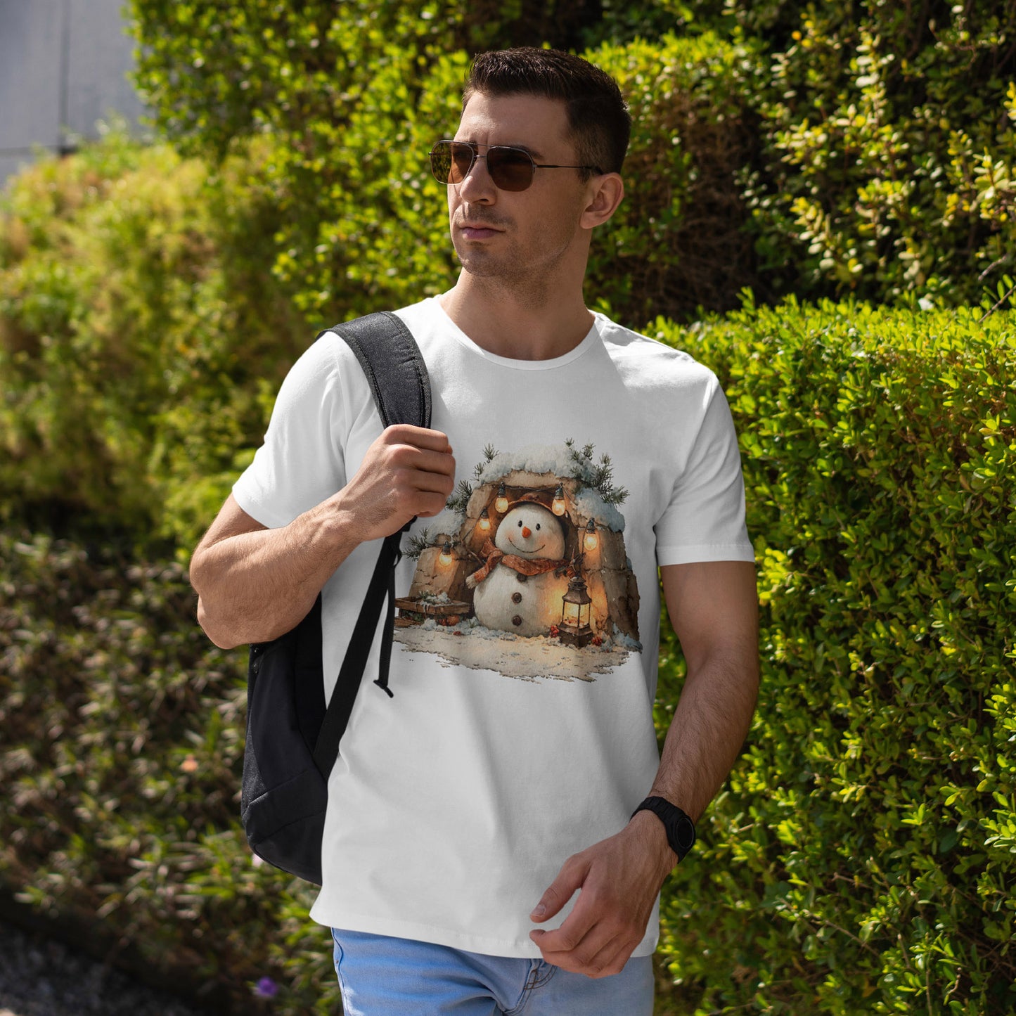 Cozy Lantern Snowman Christmas T-Shirt - Rustic Christmas Snowman with String Lights