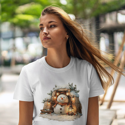Cozy Lantern Snowman Christmas T-Shirt - Rustic Christmas Snowman with String Lights