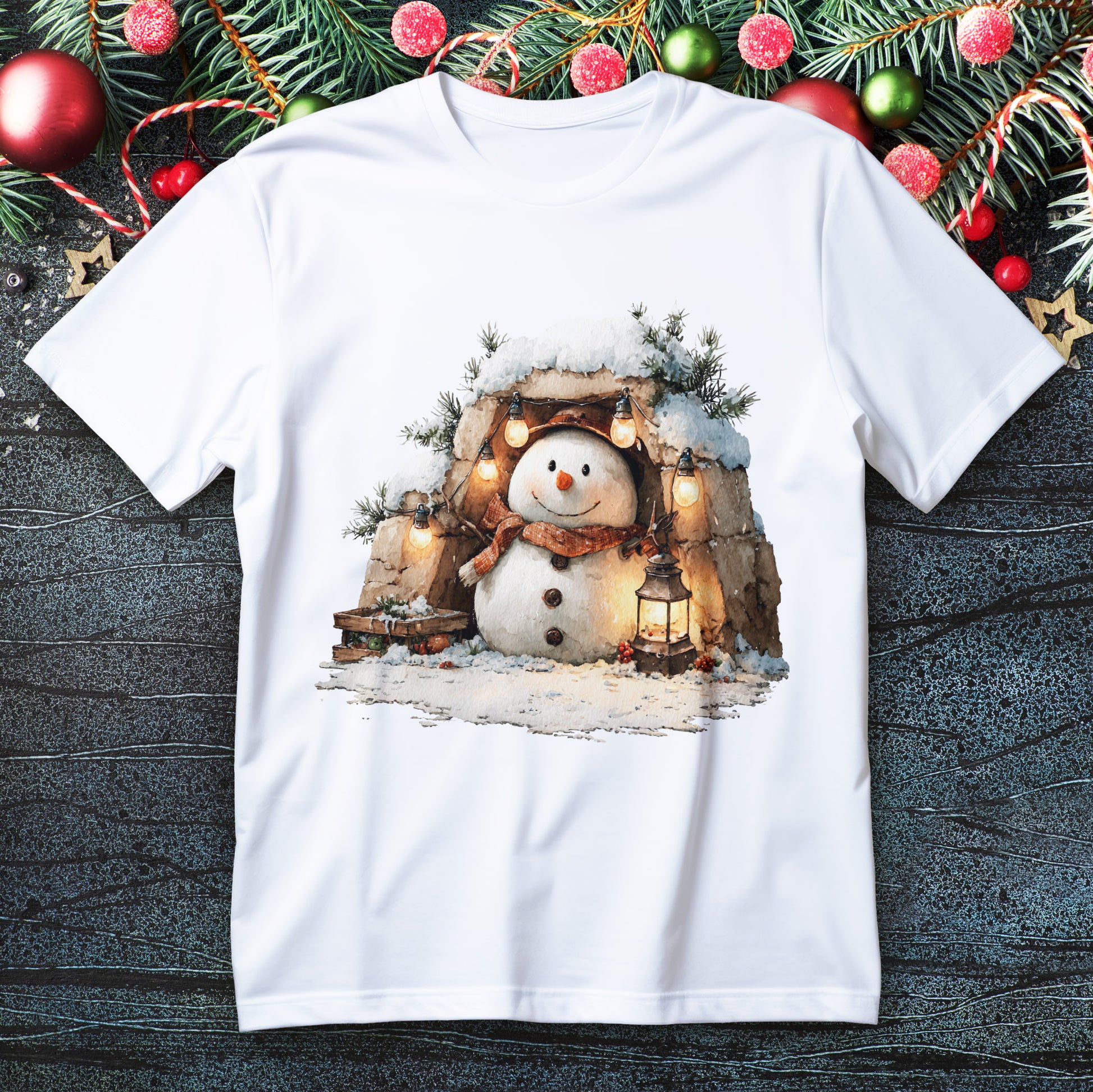 Snowman with plaid scarf and lantern under string lights in a stone alcove on a Christmas T-shirt