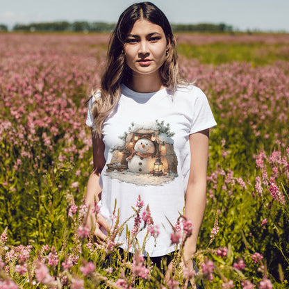 Cozy Lantern Snowman Christmas T-Shirt - Rustic Christmas Snowman with String Lights