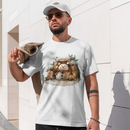 Cozy Lantern Snowman Christmas T-Shirt - Rustic Christmas Snowman with String Lights