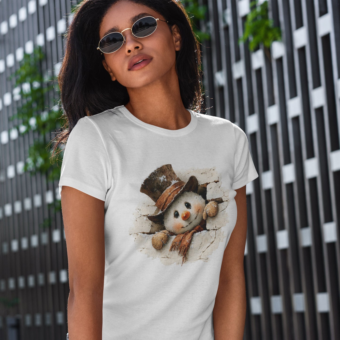 Peeking Snowman Christmas T-Shirt - Vintage Snowman in Torn Paper Tee