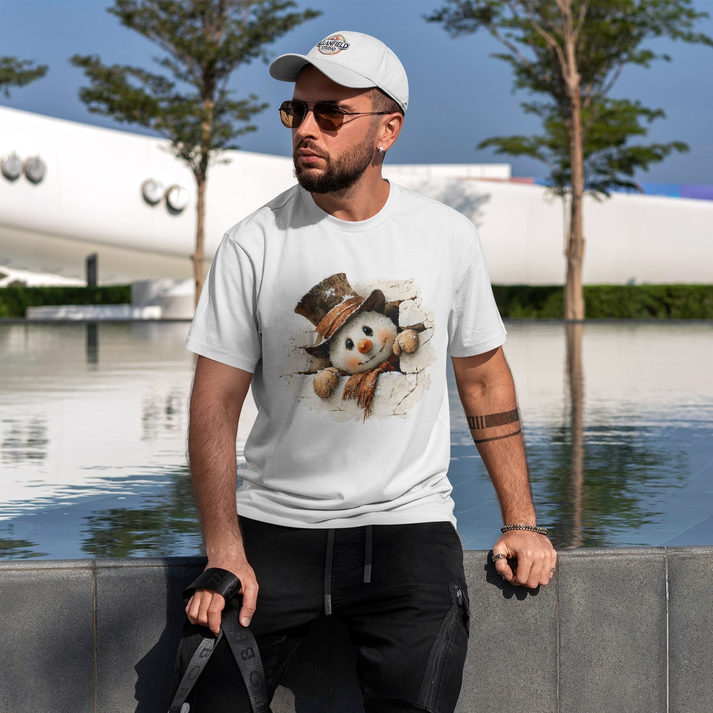 Peeking Snowman Christmas T-Shirt - Vintage Snowman in Torn Paper Tee