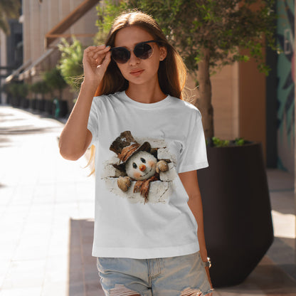 Peeking Snowman Christmas T-Shirt - Vintage Snowman in Torn Paper Tee