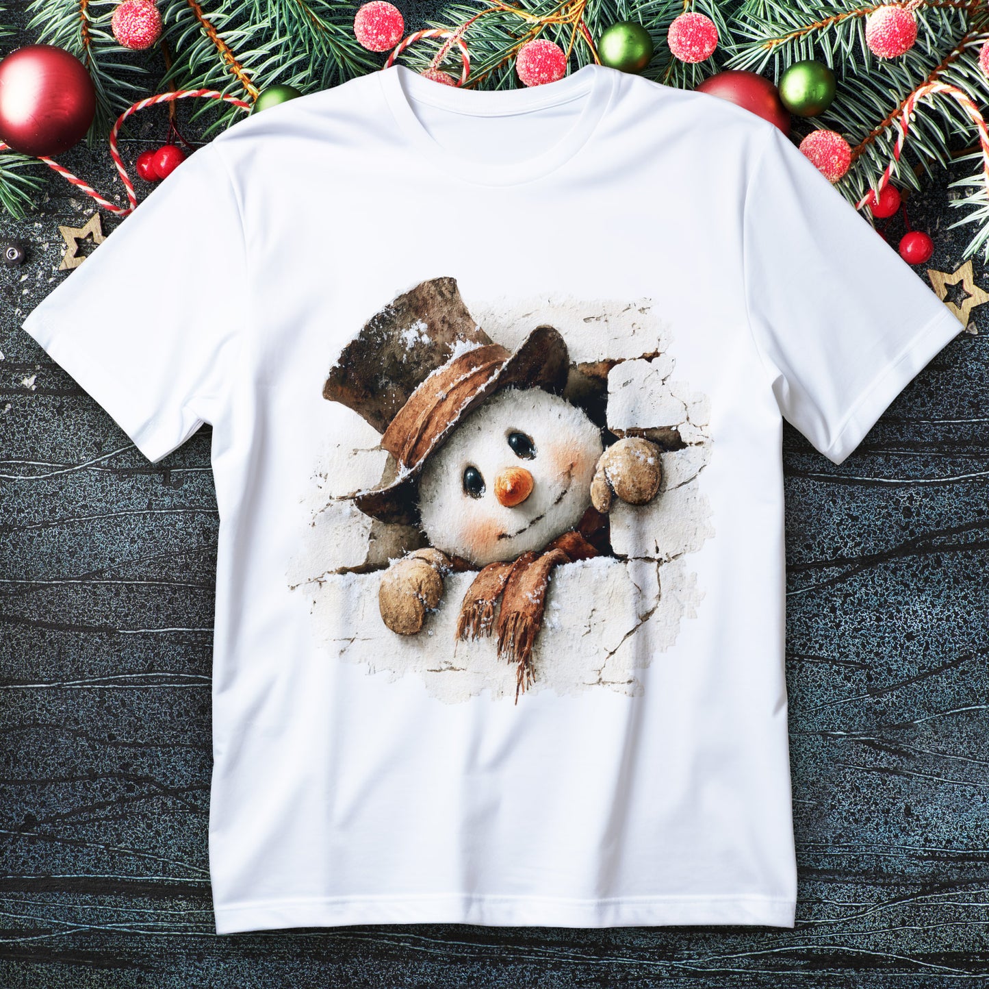 Peeking Snowman Christmas T-Shirt - Vintage Snowman in Torn Paper Tee