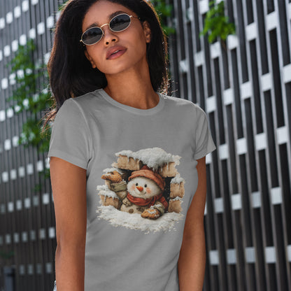 Peeking Snowman Window Christmas - Cute Snowy Brick Window Snowman Tee