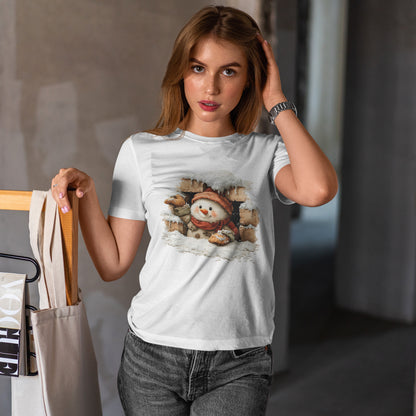 Peeking Snowman Window Christmas - Cute Snowy Brick Window Snowman Tee