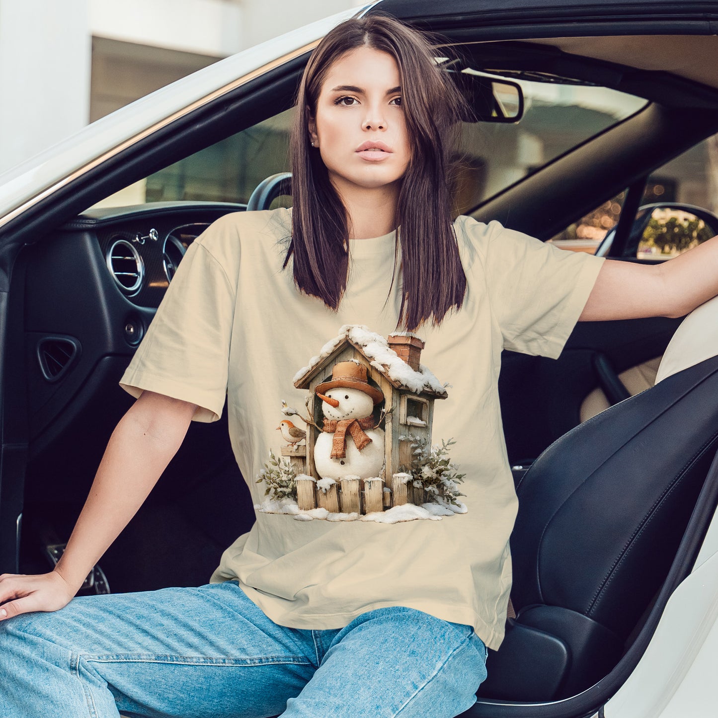 Cabin Porch Snowman Shirt - Rustic Snowman in Little House with Bird