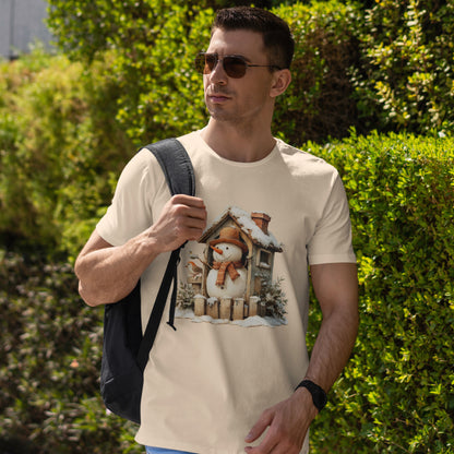Cabin Porch Snowman Shirt - Rustic Snowman in Little House with Bird