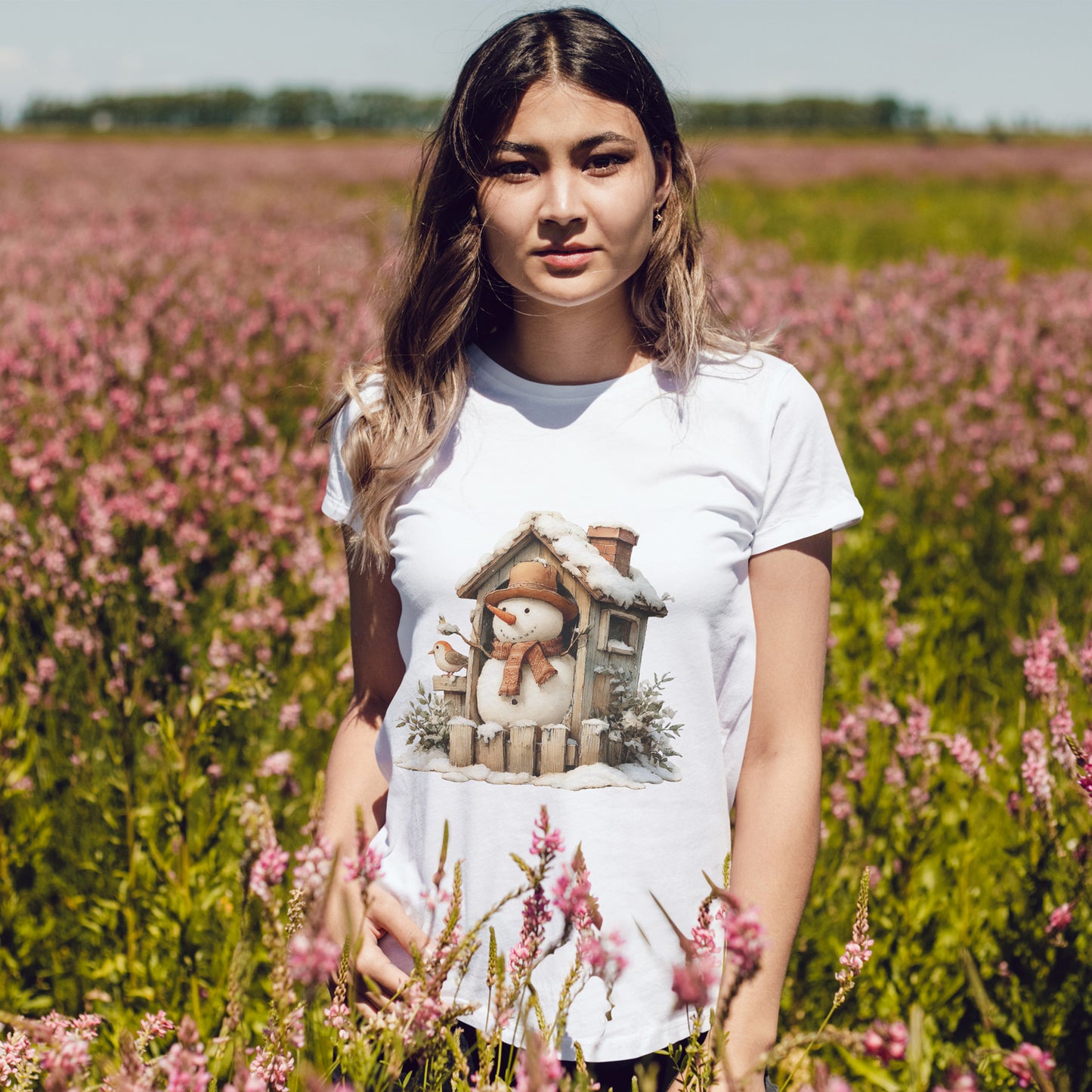 Cabin Porch Snowman Shirt - Rustic Snowman in Little House with Bird