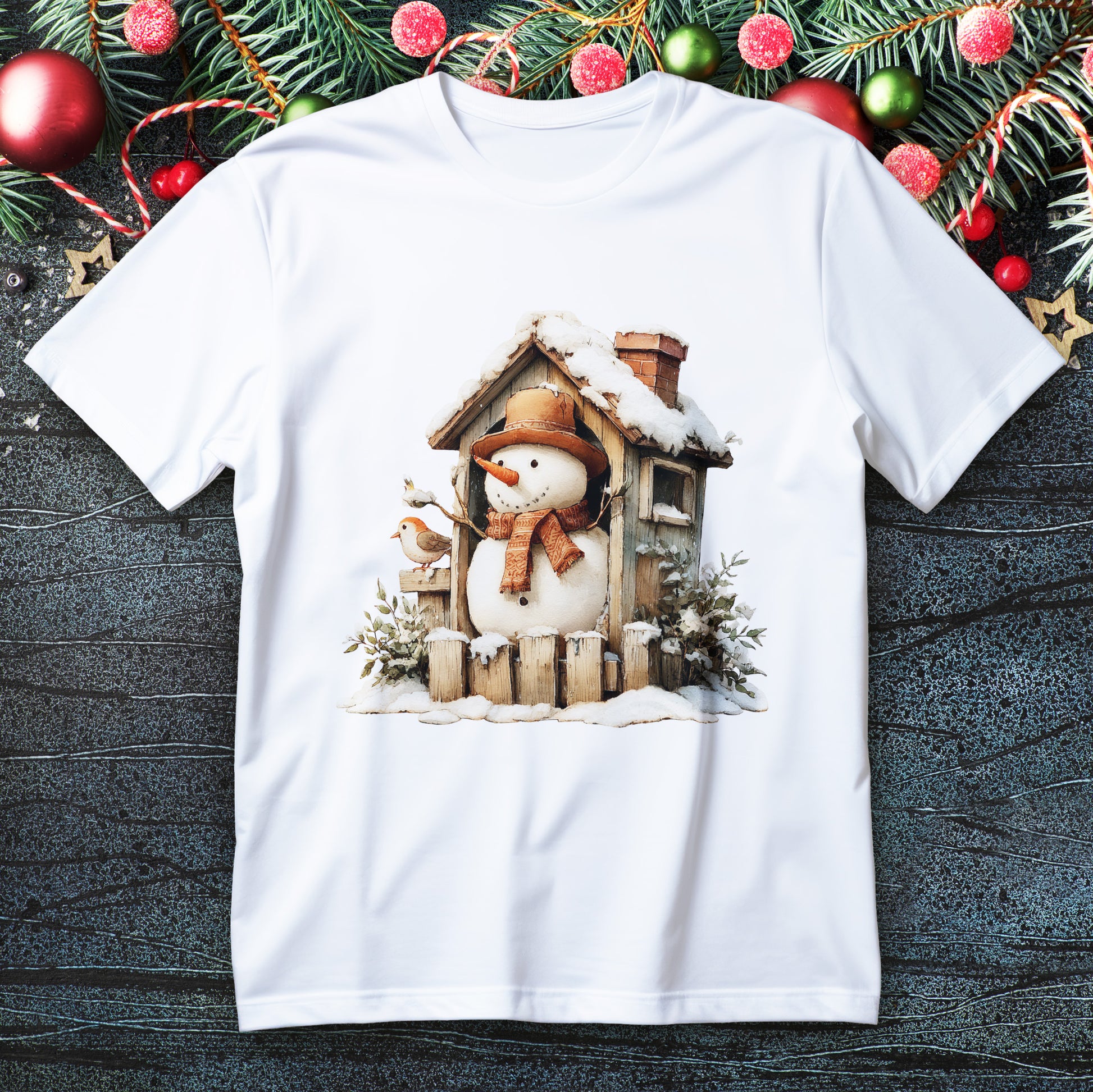 Snowman leaning on tiny cabin porch with bird, knit scarf and snowy roof on a Christmas T-shirt