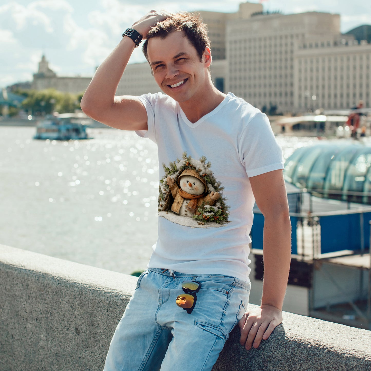 Forest Wreath Snowman Christmas T-Shirt - Cozy Rustic Snowman in Coat & Scarf