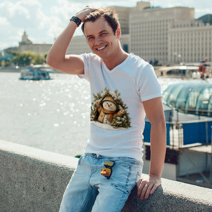 Forest Wreath Snowman Christmas T-Shirt - Cozy Rustic Snowman in Coat & Scarf