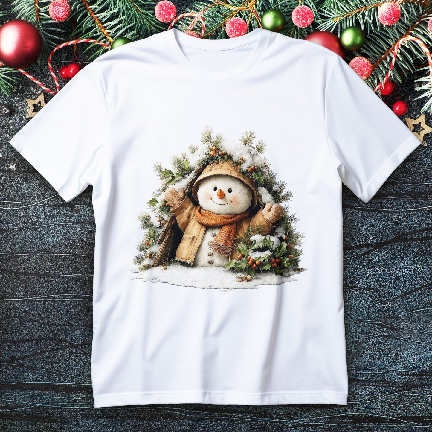 Snowman in coat and scarf peeking from pine and holly wreath on a Christmas T-shirt

