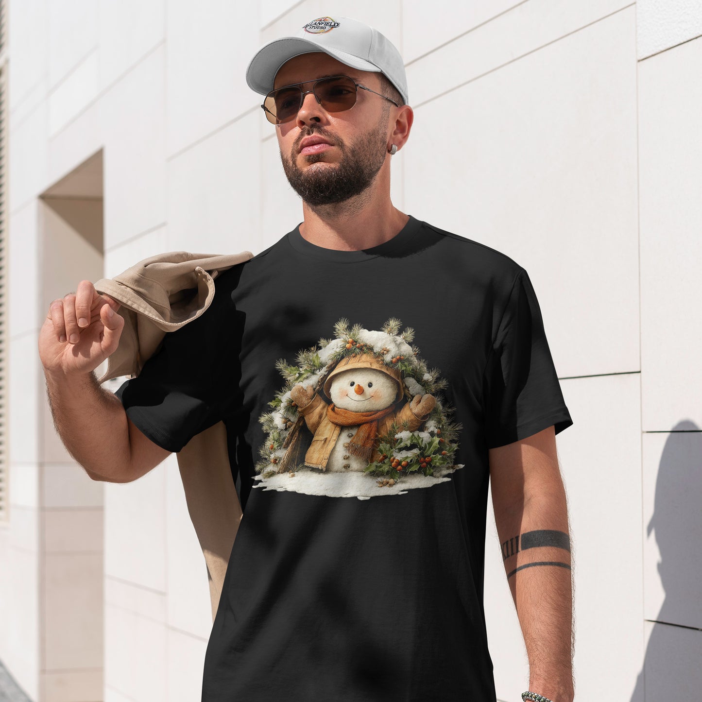 Forest Wreath Snowman Christmas T-Shirt - Cozy Rustic Snowman in Coat & Scarf