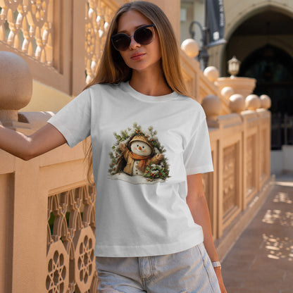 Forest Wreath Snowman Christmas T-Shirt - Cozy Rustic Snowman in Coat & Scarf