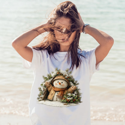 Forest Wreath Snowman Christmas T-Shirt - Cozy Rustic Snowman in Coat & Scarf