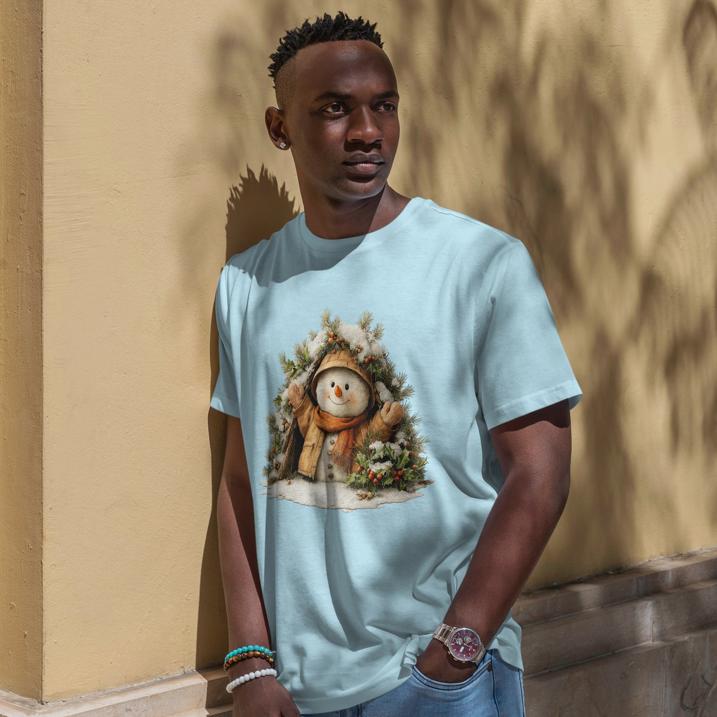 Forest Wreath Snowman Christmas T-Shirt - Cozy Rustic Snowman in Coat & Scarf