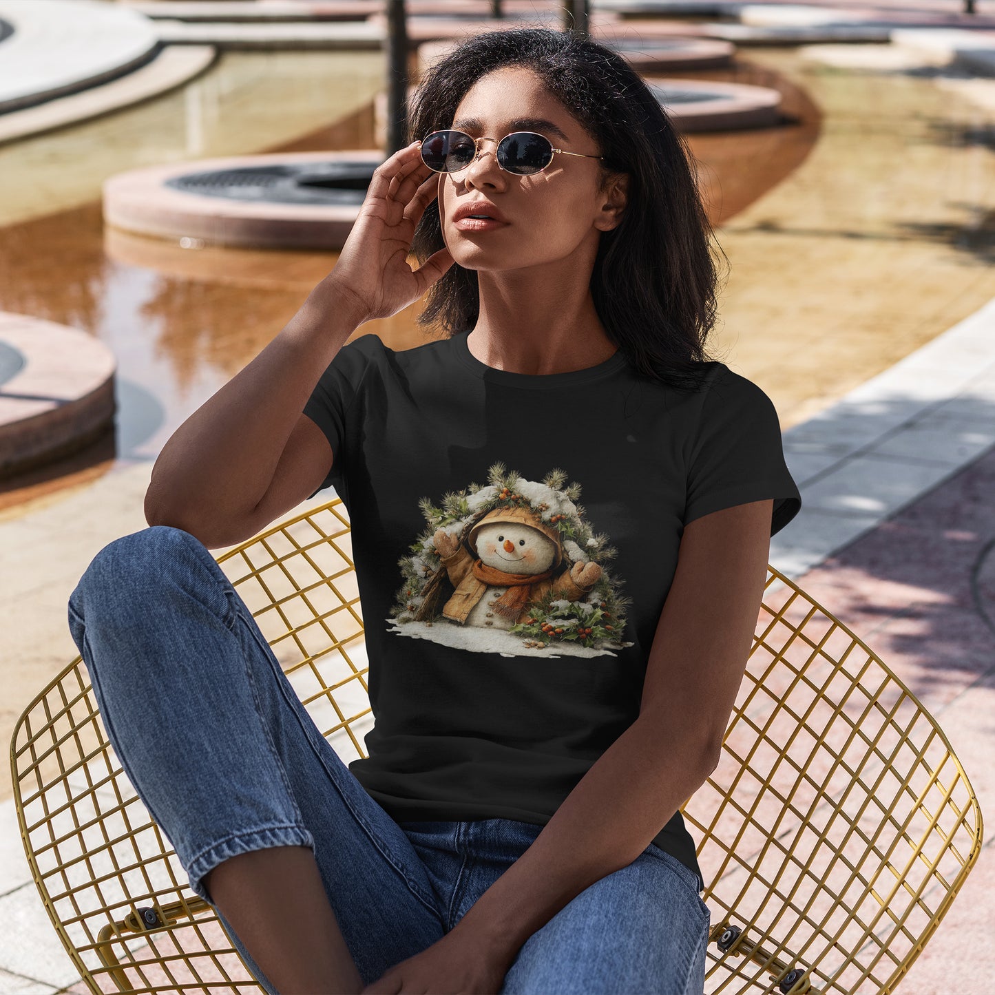 Forest Wreath Snowman Christmas T-Shirt - Cozy Rustic Snowman in Coat & Scarf