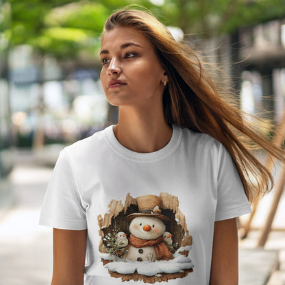 Woodland Snowman with Birds Christmas T-Shirt - Rustic Tree Hollow Snowman