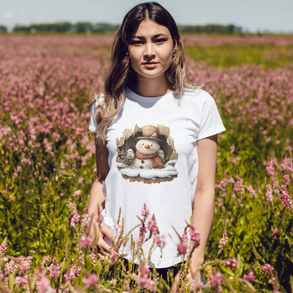 Woodland Snowman with Birds Christmas T-Shirt - Rustic Tree Hollow Snowman