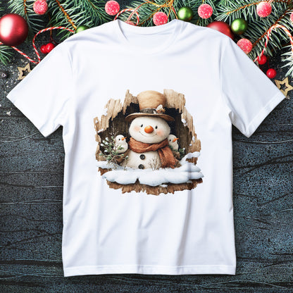 Woodland Snowman with Birds Christmas T-Shirt - Rustic Tree Hollow Snowman