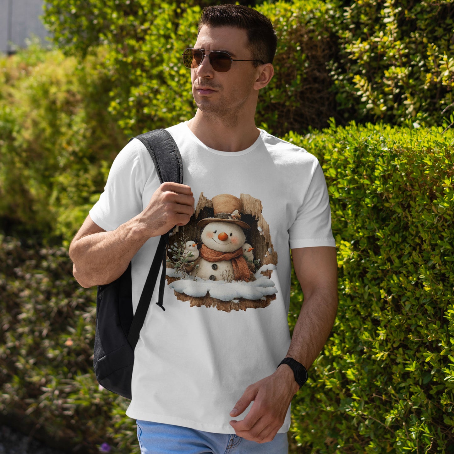 Woodland Snowman with Birds Christmas T-Shirt - Rustic Tree Hollow Snowman