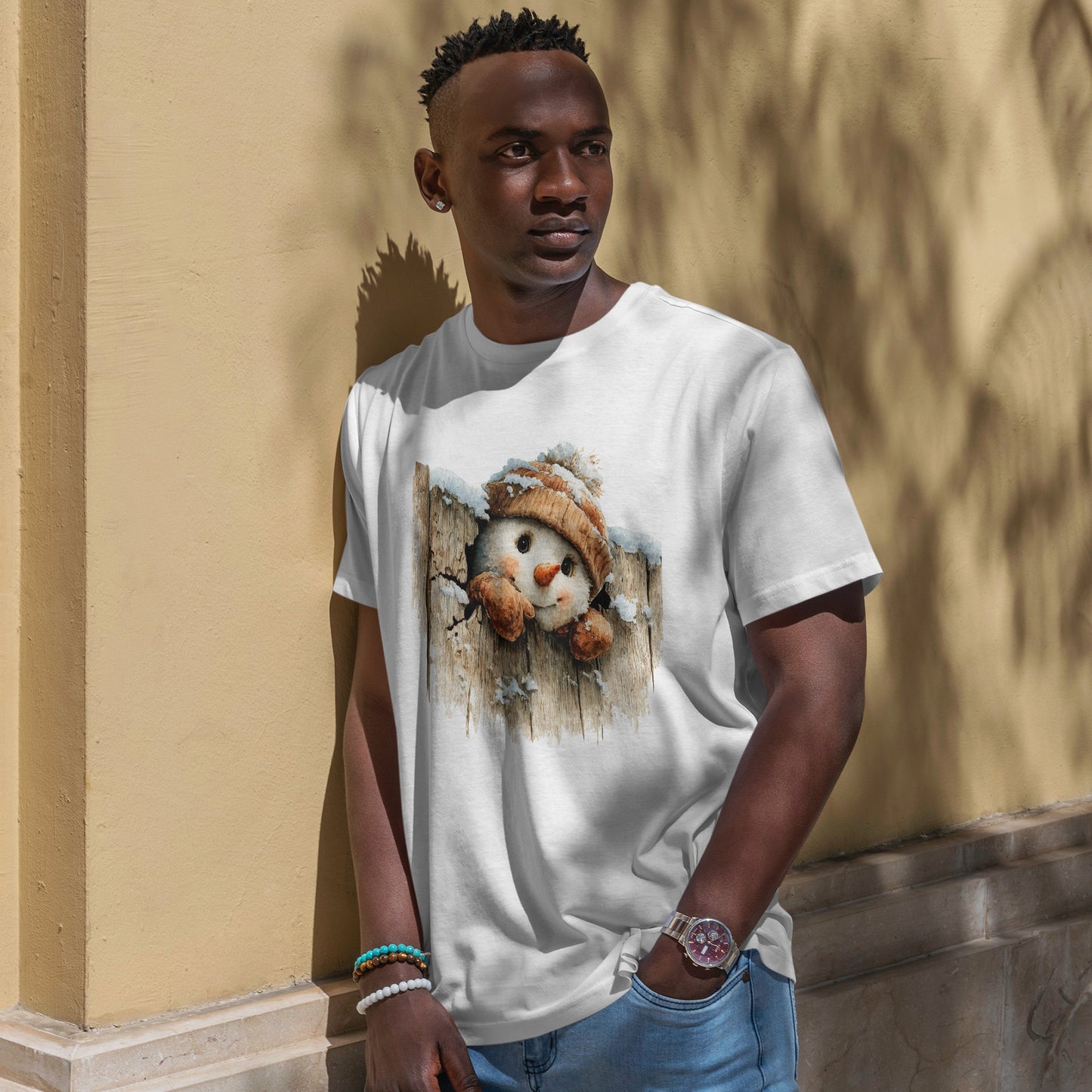 Peeking Snowman Beanie Christmas T-Shirt - Rustic Wood Fence Snowman