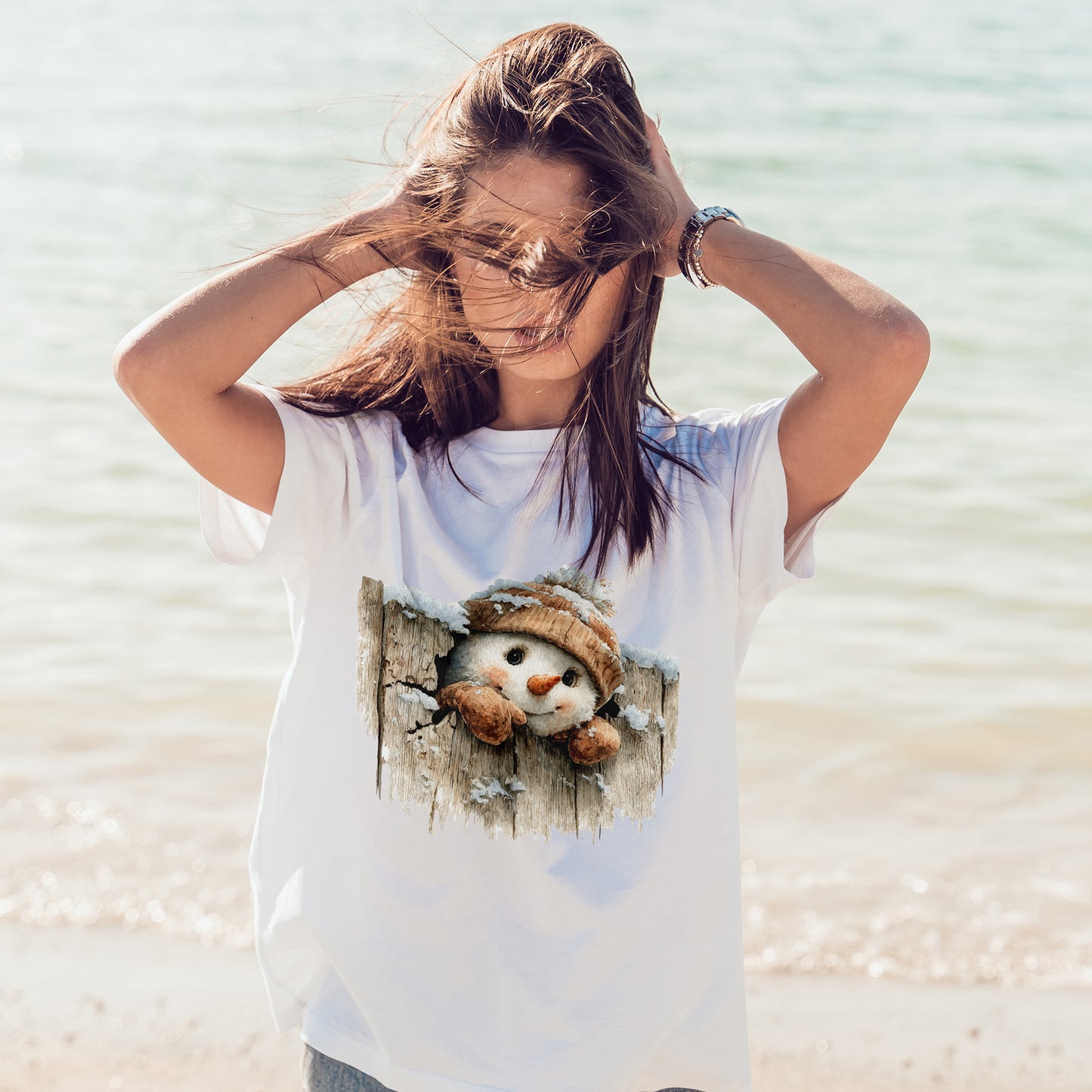 Peeking Snowman Beanie Christmas T-Shirt - Rustic Wood Fence Snowman