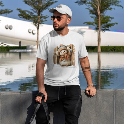 Waving Doorway Snowman Christmas T-Shirt - Cabin Snowman in Beanie & Ear Muffs